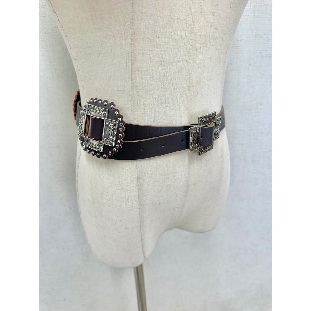 Unbranded Brown Faux Leather Ornate Silver Western Buckle Belt‎ Womens Small